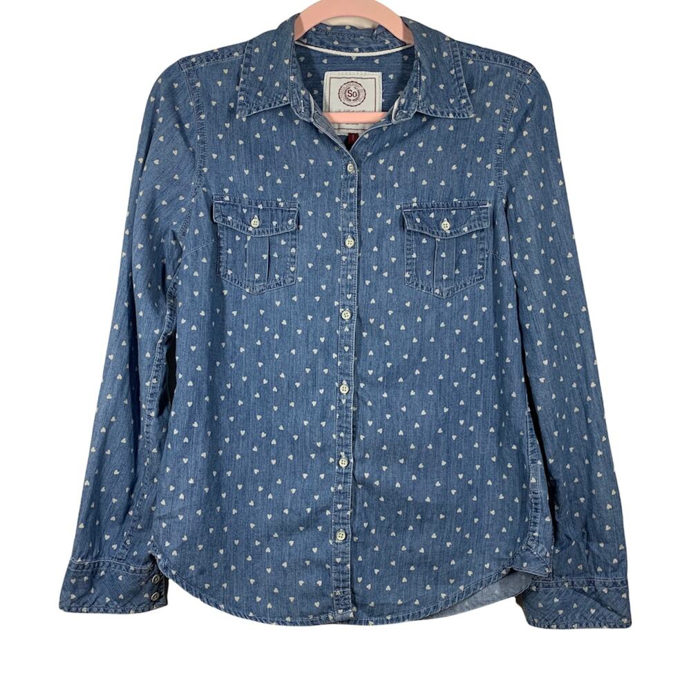 SO Chambray Blue Button Down Shirt White Hearts Medium